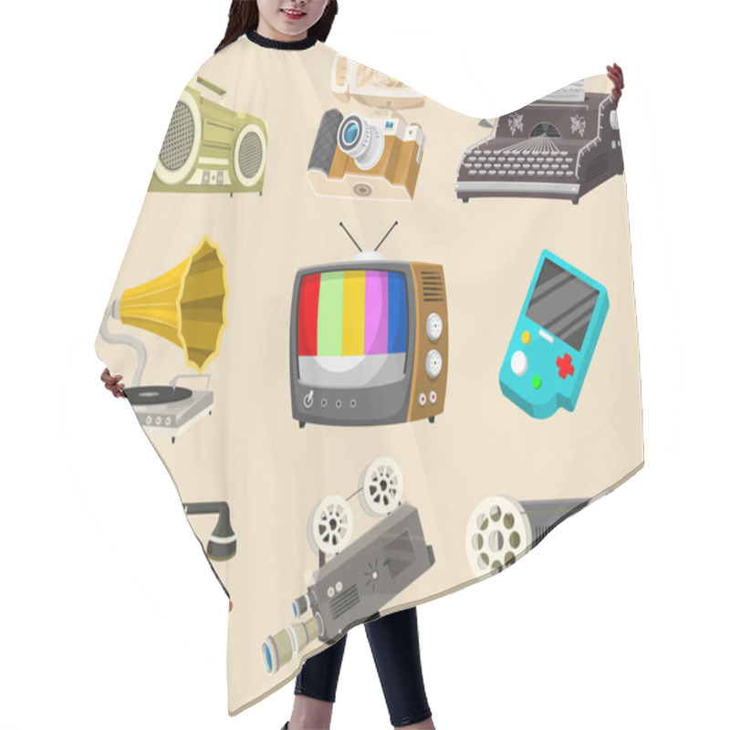 Personality  Vintage Devices Icons. Retro Tech Media, Television Tv, Audio Radio Music, Electronic Sound Recorders, Movie Camera, Typewriter And Console, Vinyl Player. Set Of Old Gadgets And Multimedia Technology. Hair Cutting Cape