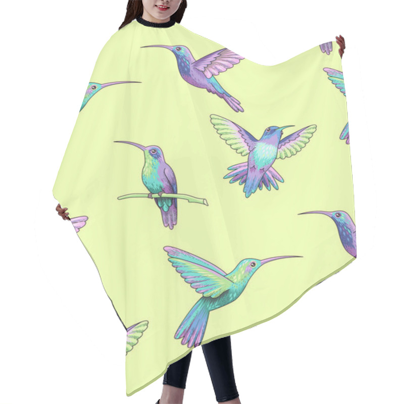 Personality  Flying Hummingbirds On A Yellow-green Background. Seamless Pattern For Textiles And Desig Hair Cutting Cape