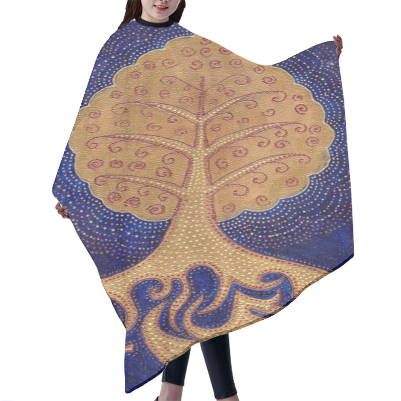 Personality  Golden Bodhi Tree Symbol On Dark Blue Background. Abstract Luxury Style Illustration. Hand Drawn Beautiful Tree Of Life With Stylized Roots. Fabulous Ethnic Design. Mystic Tribal Or Boho Concept. Hair Cutting Cape