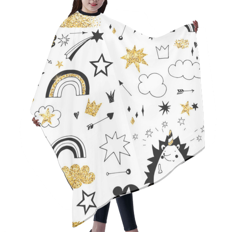 Personality  Fairy Doodle Black And Gold Elements, Rainbow, Stars And Clouds Vector Objects Hair Cutting Cape