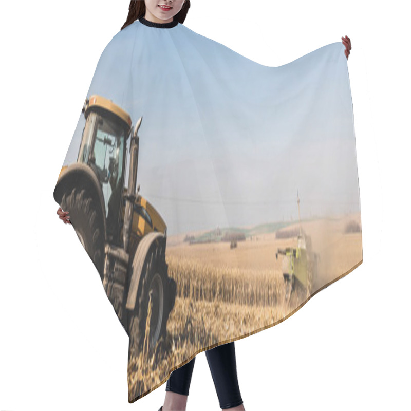 Personality  Panoramic Shot Of Tractors On Golden Field Against Blue Sky  Hair Cutting Cape