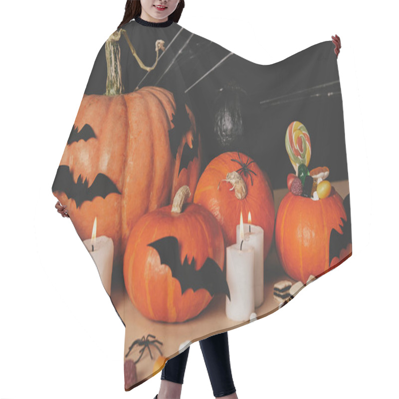 Personality  Pumpkins, Jelly Candies, Marshmallows And Paper Bats On Table, Halloween Concept Hair Cutting Cape