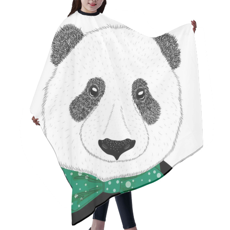 Personality  Hand Drawn Illustration Of A Panda Head With A Tie. Isolated Cute Fashion Portrait On White Background. Hair Cutting Cape