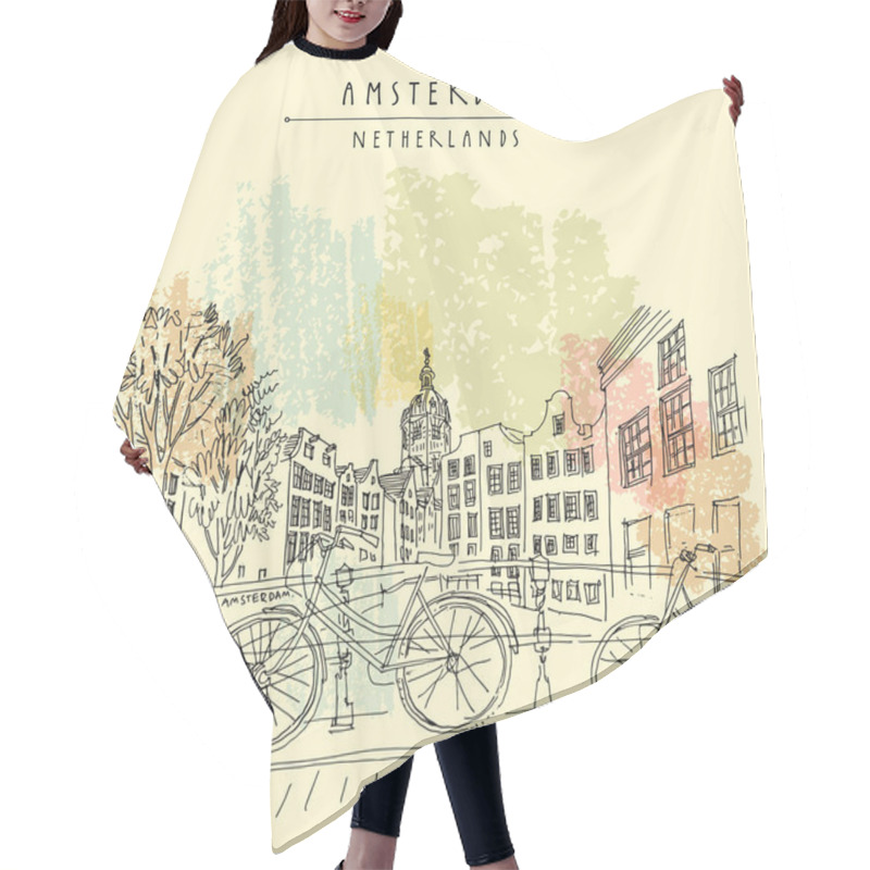 Personality  Bridge In Amsterdam, Holland, Netherlands Europe. Dutch Traditional Historical Buildings. Typical Dutch Houses And Bicycles. Hand Drawing. Travel Sketch. Book Illustration, Postcard, Poster In Vector Hair Cutting Cape