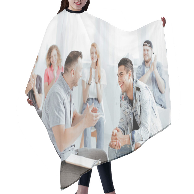 Personality  Psychologist And Patients Laughing Hair Cutting Cape