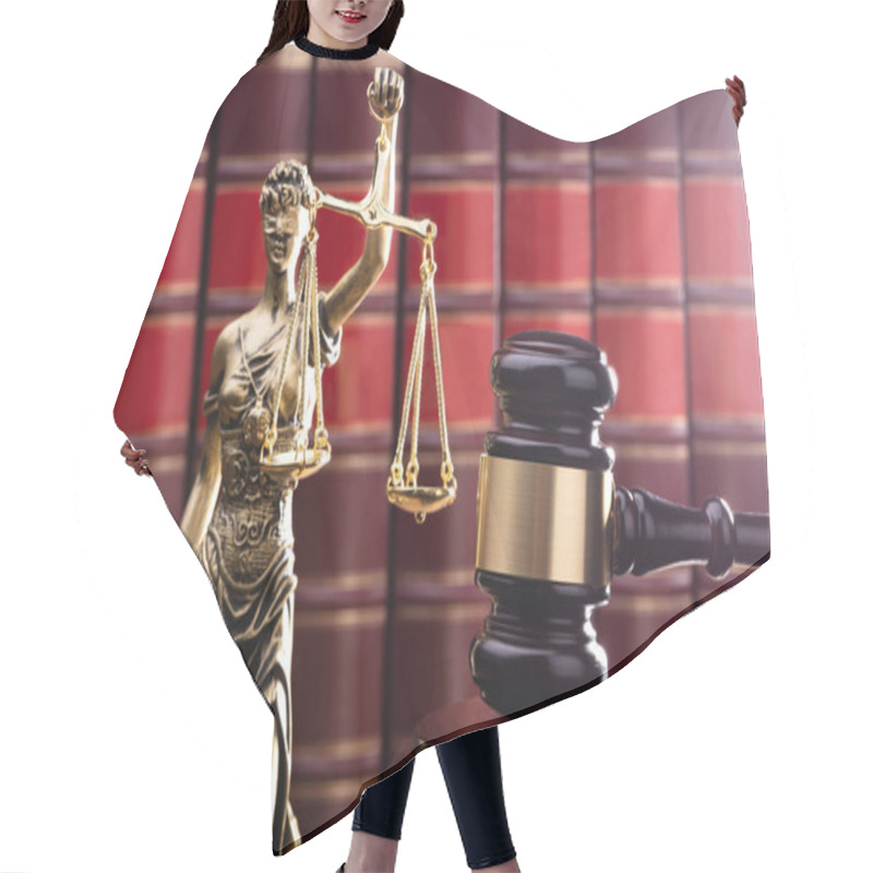 Personality  Close-up Of Brown Gavel With Statue Of Justice In Front Law Books Hair Cutting Cape