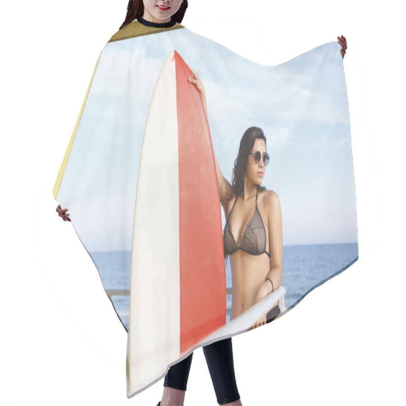 Personality  Woman Standing With Surfboard On The Beach Hair Cutting Cape