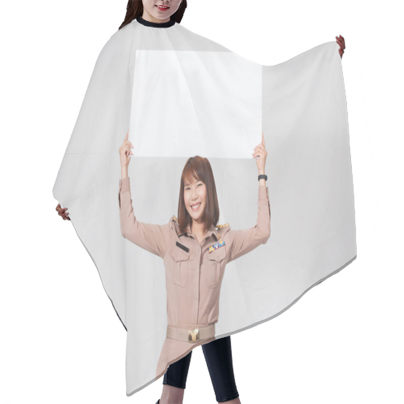 Personality  Female Thai Teacher In Uniform Standing With White Background Holding A Big White Paper Over Her Head Hair Cutting Cape