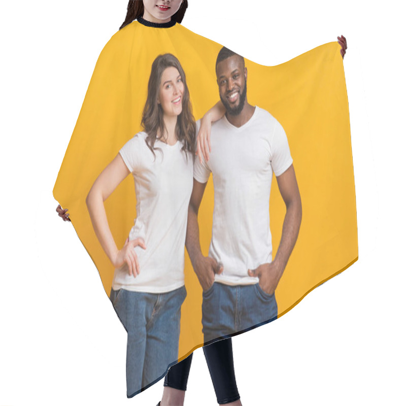 Personality  Happy Millennial Girl And Afro Guy Posing Together Over Yellow Background Hair Cutting Cape