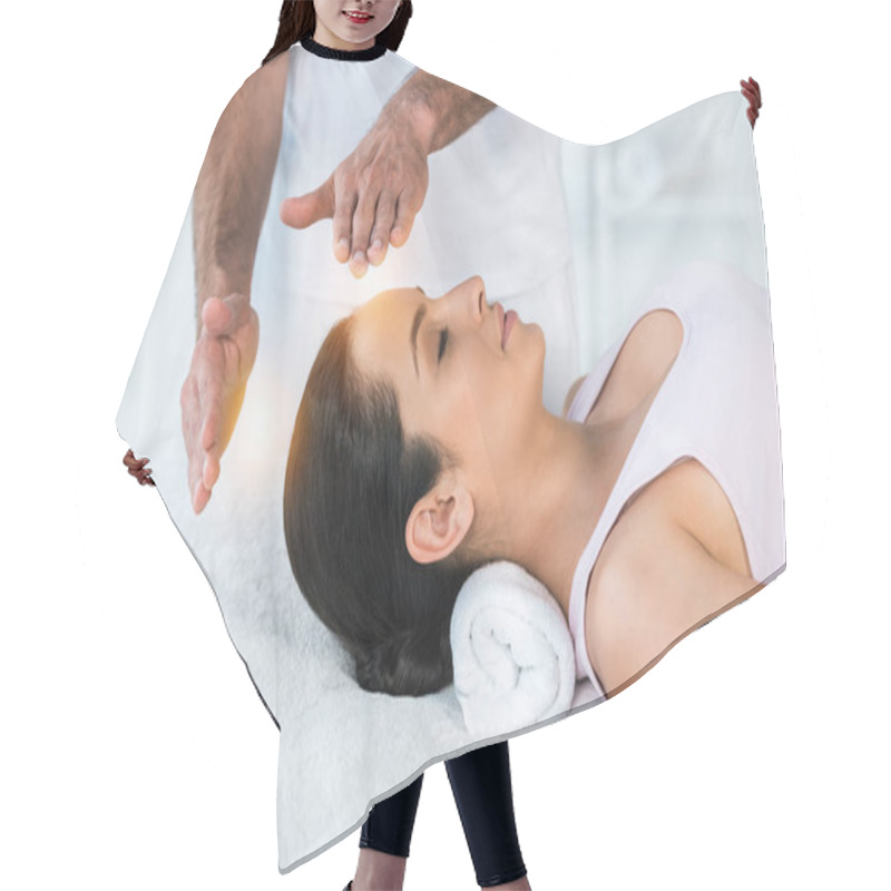 Personality  Cropped View Of Healer Putting Hands Near Head Of Woman With Closed Eyes Lying On Massage Table Hair Cutting Cape