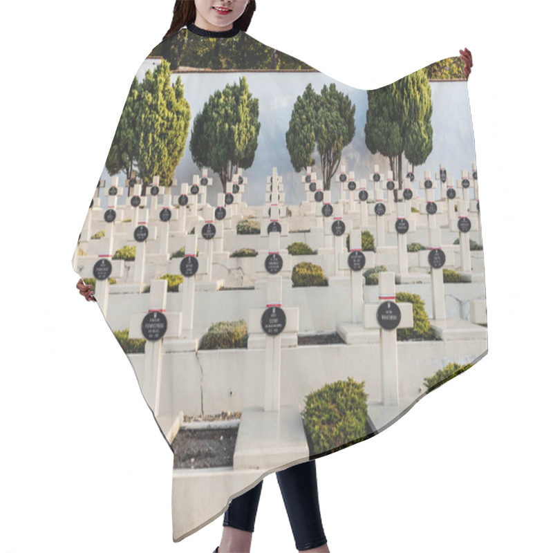 Personality  LVIV, UKRAINE - OCTOBER 23, 2019: Tombs With Crosses And Lettering Near Green Trees On Lviv Defenders Cemetery  Hair Cutting Cape