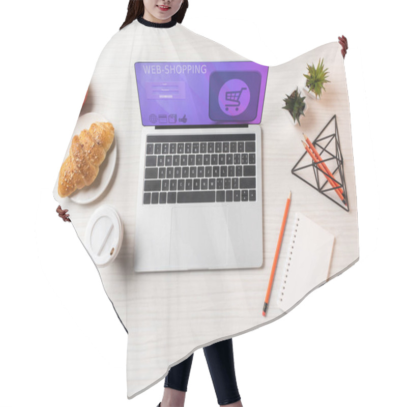 Personality  Top View Of Laptop With Web Shopping Website, Croissant, Apple And Disposable Coffee Cup On Office Table    Hair Cutting Cape