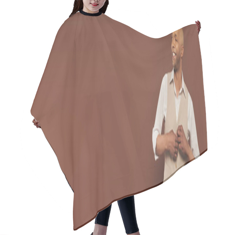 Personality  Real People, Happy And African American Man With Myasthenia Gravis Unbuttoning Vest And Standing On Brown Background, Dark Skinned, Diversity And Inclusion, Physical Impairment, Banner  Hair Cutting Cape