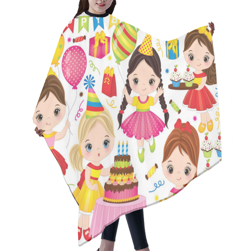 Personality  Vector Birthday Set. Set Includes Cute Little Girls With Cake, Balloons, Cupcakes And Gift Boxes Hair Cutting Cape