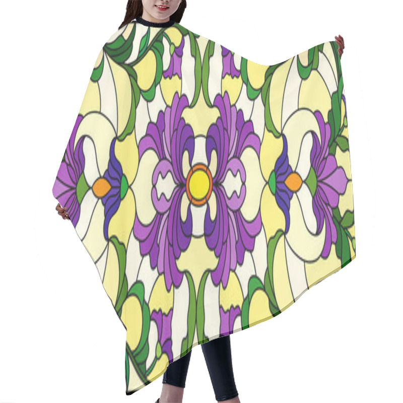 Personality  Illustration In Stained Glass Style With  Purple Flowers, Leaves And Buds  On A Yellow Background, Symmetrical Image, Horizontal Orientation Hair Cutting Cape