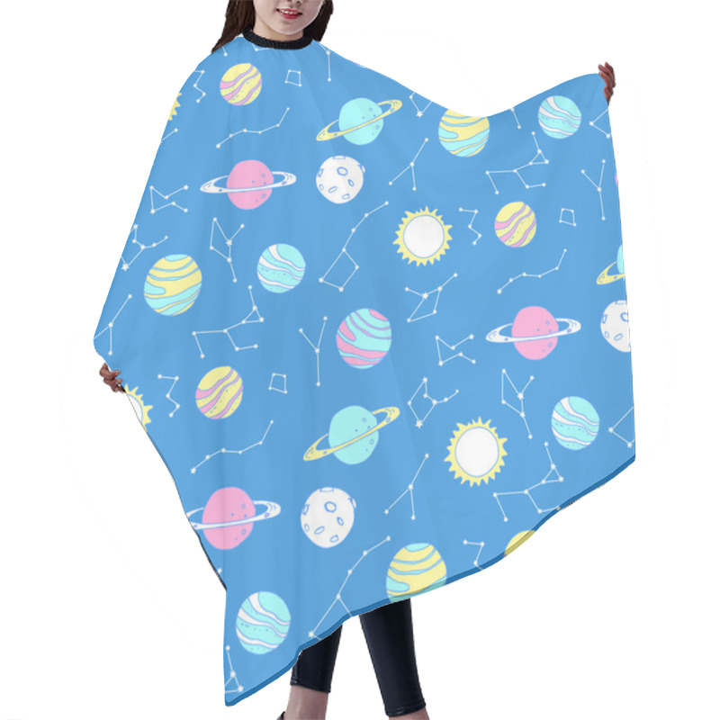 Personality  Seamless Pattern With Planets And Constellations In Night Sky. Hair Cutting Cape