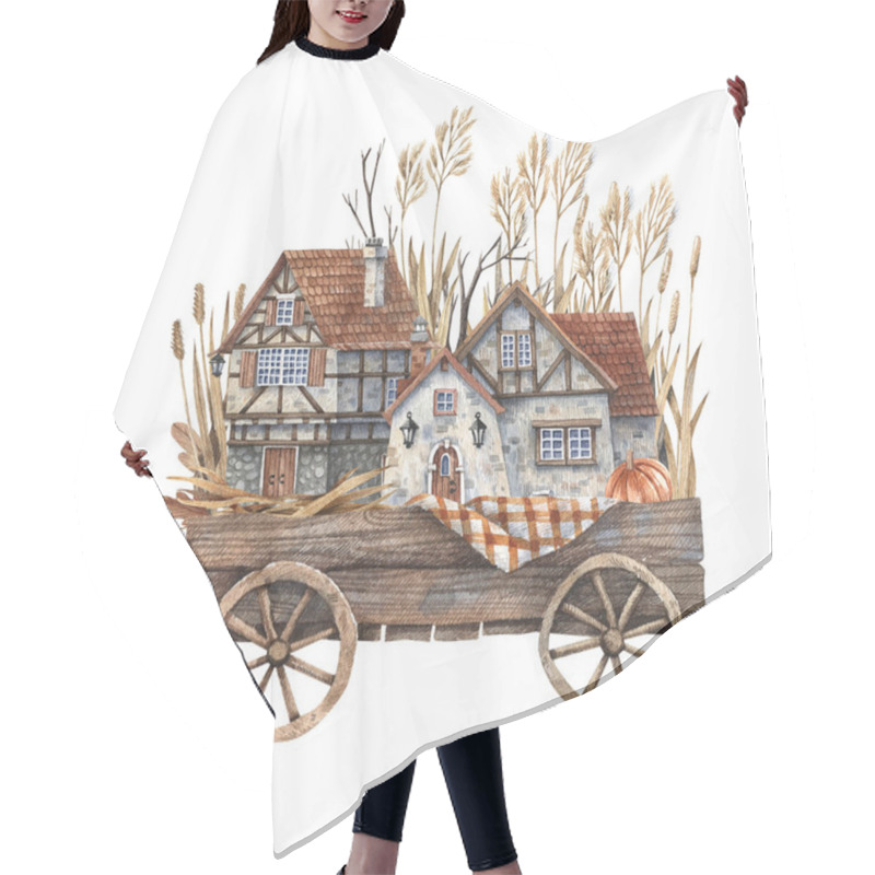 Personality  Wooden Cart With Pumpkins, Autumn Herbs, Rural European House Painted In Watercolor. Autumn Illustration, Harvest, Farming, October. Hair Cutting Cape