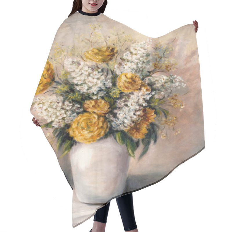 Personality  Still Life Oil Painting Depicting Of Orange Chrysanthemum And White Lilacs Flowers In Vase. Hair Cutting Cape