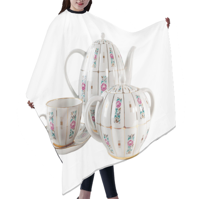 Personality  Porcelain Teapot, Teacup And Sugar-bowl With Floral Roses Ornament In Retro Style Isolated Over White Background Hair Cutting Cape