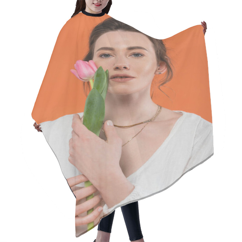 Personality  Everyday Fashion, Young Woman In White Sun Dress Holding Pink Tulip And Standing On Orange Background, Lady In White, Vibrant Background, Fashion And Nature, Summer, Portrait  Hair Cutting Cape