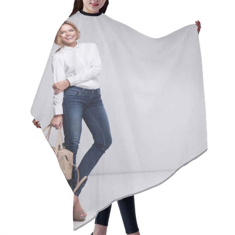 Personality  Beautiful Happy Business Woman Holding A Bag Hair Cutting Cape