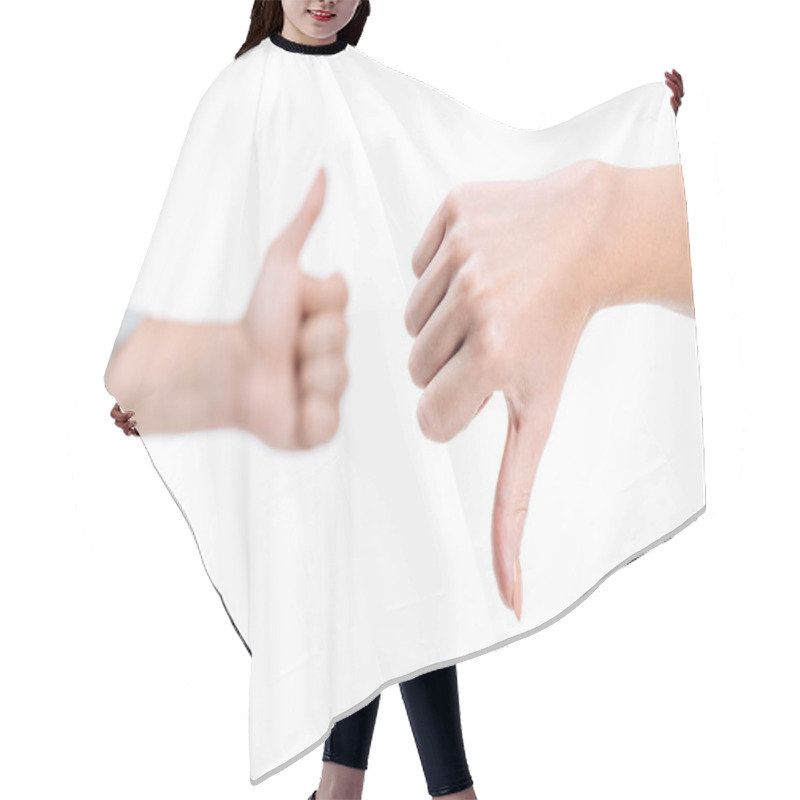 Personality  Cropped Image Of Woman And Man Showing Thumb Up And Thumb Down Isolated On White Hair Cutting Cape