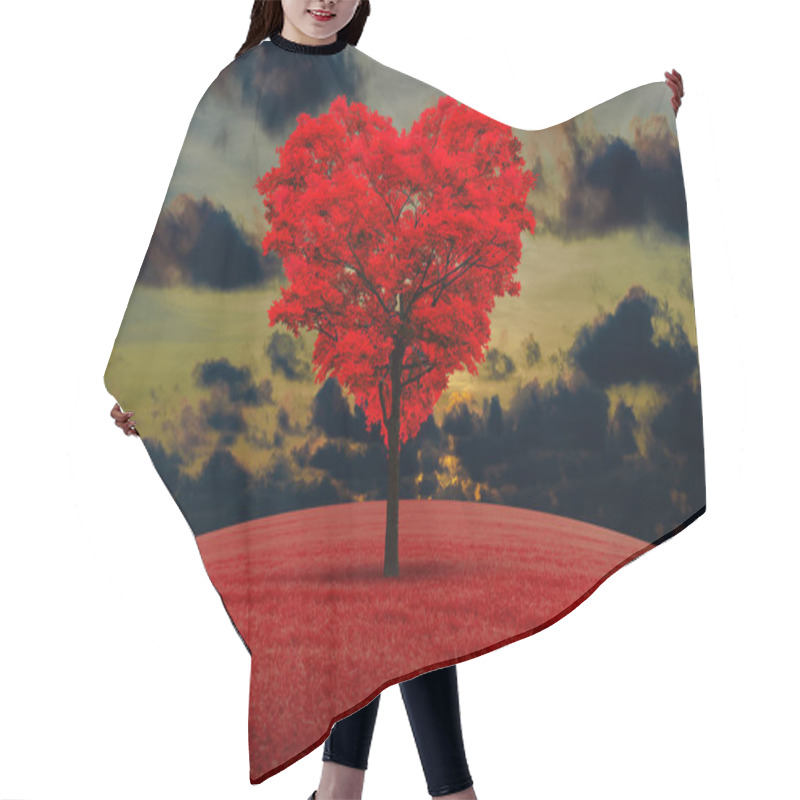 Personality  Red Heart-shaped Tree In The Field Against The Background Of A Decline. Hair Cutting Cape