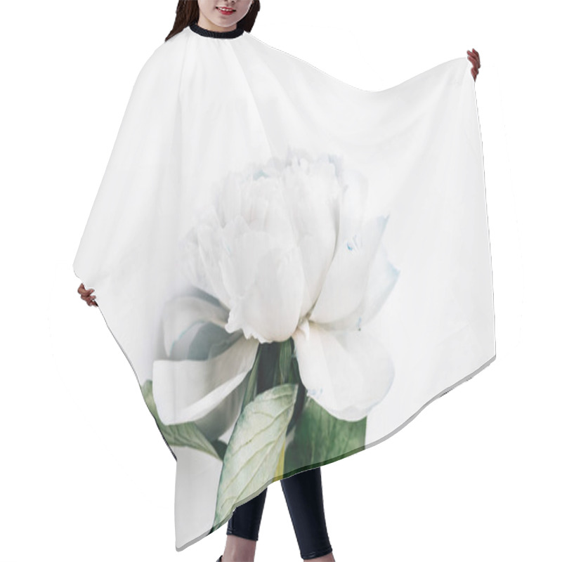 Personality  Top View Of Blue And White Peony With Green Leaves On White Background Hair Cutting Cape