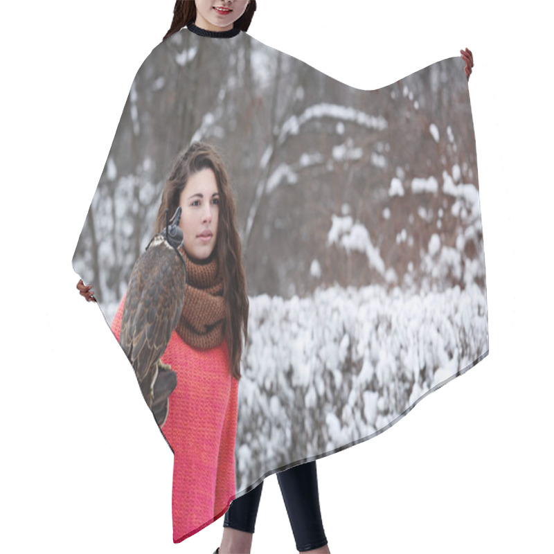 Personality  A Girl With A Falcon Strolls In The Winter In The Forest Hair Cutting Cape