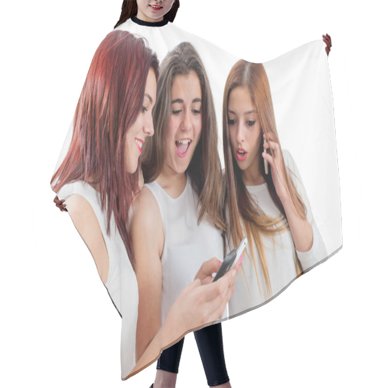 Personality  Teen Girlfriends Playing On Smart Phones Hair Cutting Cape