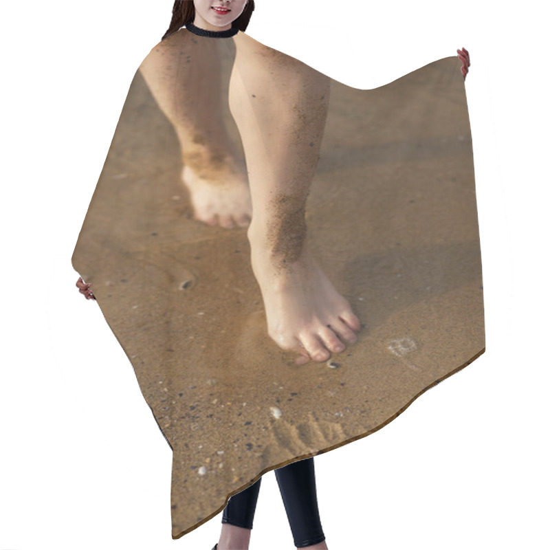 Personality  Female Legs Running On The Beach. Close-up Of Legs Running On Wet Sand. Footprints In The Photograph. Sea Surf Girl Running. The Photograph Has A Vertical Orientation. Close-up Of Legs Running Hair Cutting Cape