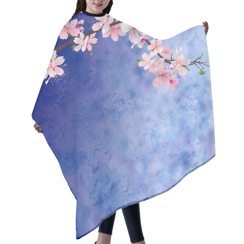 Personality  Pink Cherry Blossom Branch On Dark Blue Grunge Background Easte Hair Cutting Cape