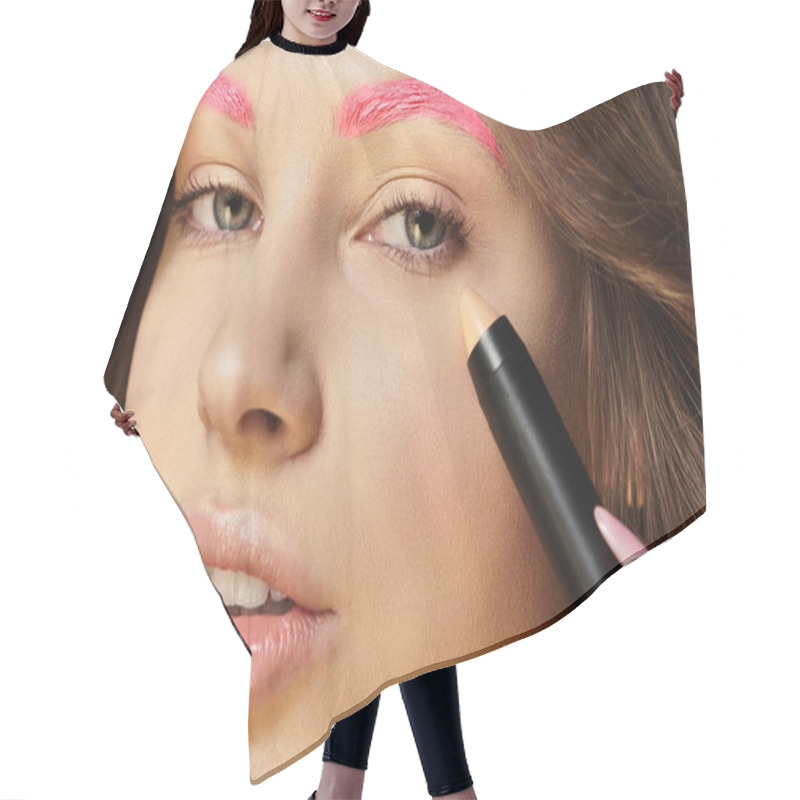 Personality  Young Woman With Pink Eyebrows Showcases Bold Fashion Against A Grey Backdrop. Hair Cutting Cape