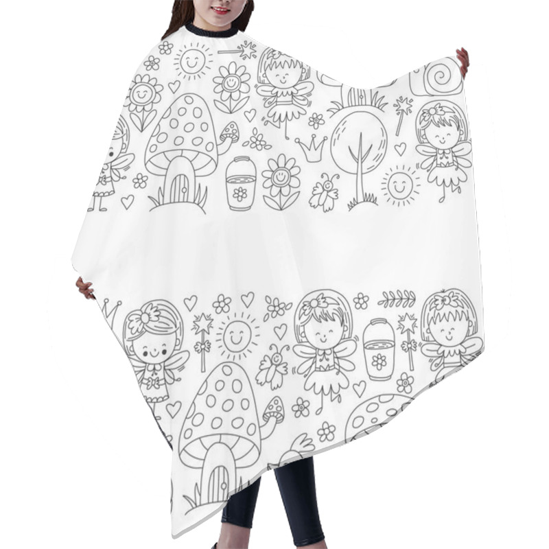 Personality  Illustration Of Magic Forest With Fairies Doodle Pattern For Girls And Kindergarten, Children Shop Kids Drawing Style Hair Cutting Cape