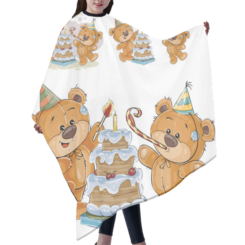 Personality  Vector Illustration Of Two Brown Teddy Bears In Cardboard Hats And With Whistles Light A Candle On A Birthday Cake Hair Cutting Cape