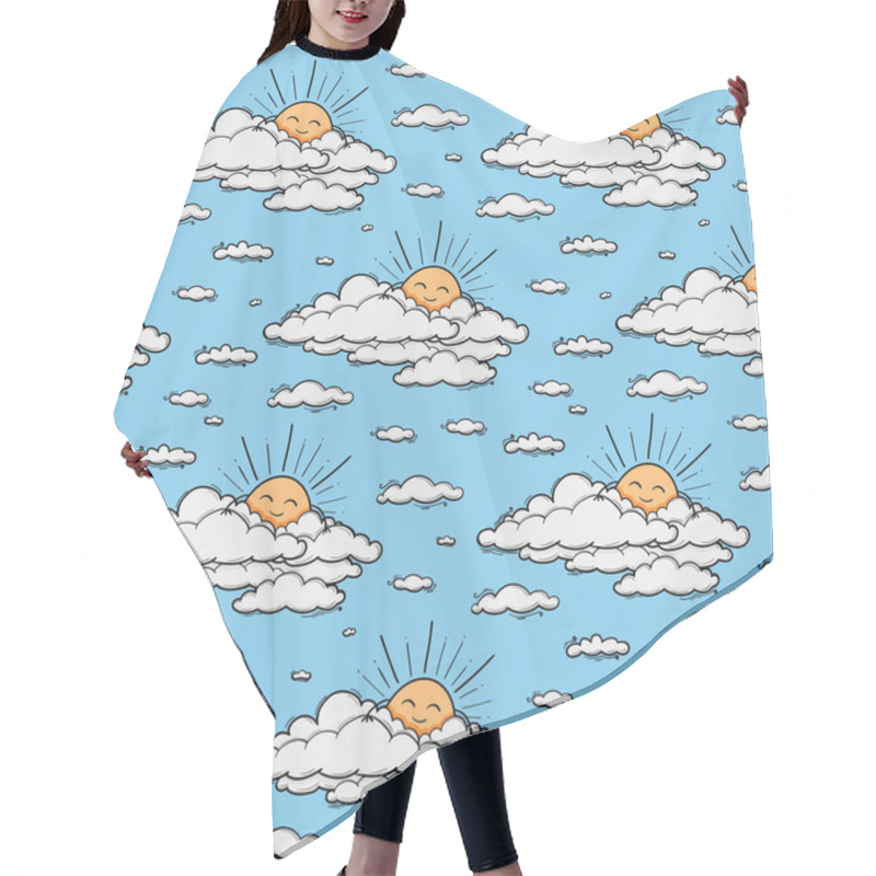 Personality  Cute Cloud And Sun Seamless Pattern Vector Background. Smiling Sun Kids Illustration Isolated On Blue Sky. Summer Background. Funny Design For Kids And Baby Hair Cutting Cape