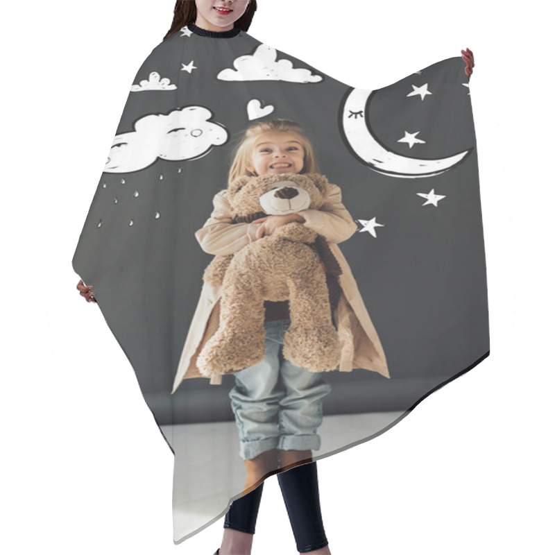 Personality  Happy And Cute Child In Trench Coat And Jeans Hugging Teddy Bear On Black Background With Magic Moon, Stars And Rainy Cloud Illustration Hair Cutting Cape