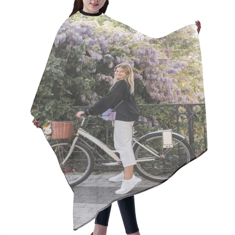 Personality  Cheerful Young Woman In Trendy Outfit Near Bicycle And Blooming Tree In Turkey Hair Cutting Cape