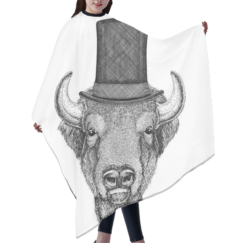 Personality  Buffalo, Bison,ox, Bull Wearing Cylinder Top Hat Hair Cutting Cape