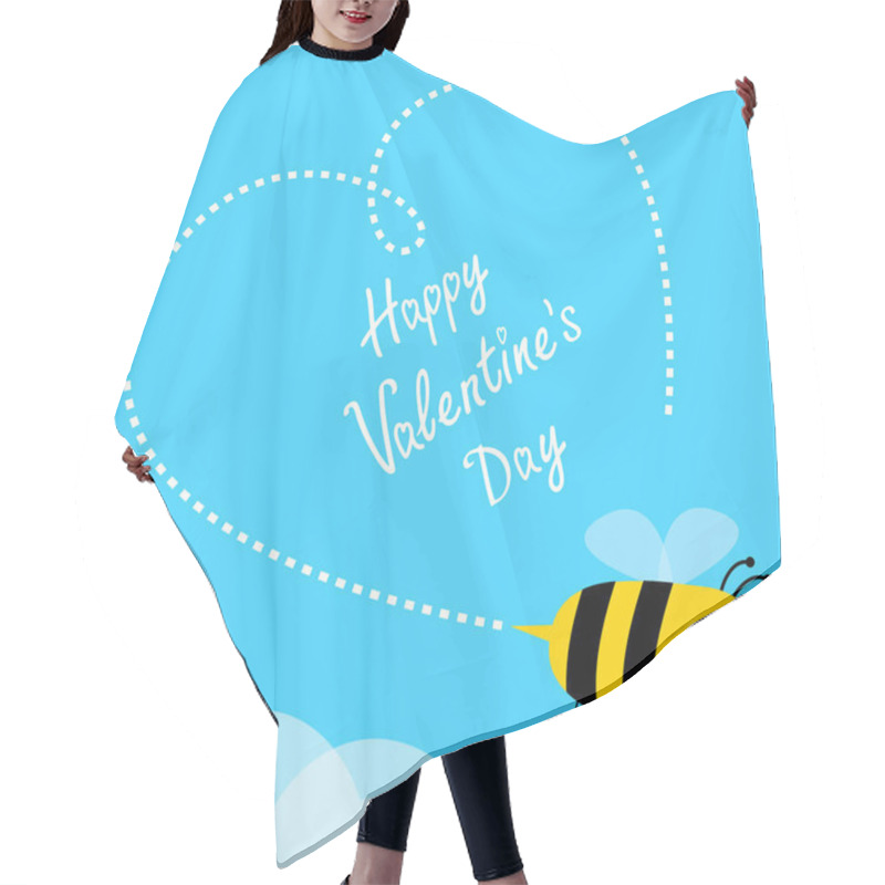 Personality  Happy Valentines Day. Flying Bee Icon. Dash Line Heart. Big Eyes. Cute Cartoon Funny Baby Caharacter. Flat Design. Blue Sky Background. White Cloud. Vector Illustration Hair Cutting Cape