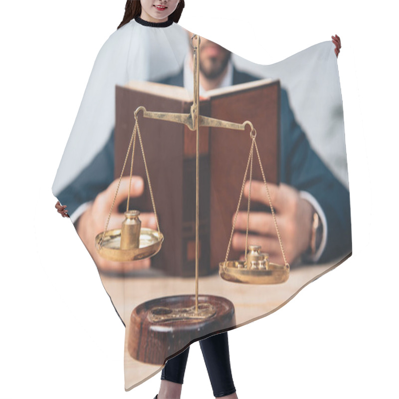 Personality  Cropped View Of Bearded Lawyer Reading Book Near Golden Scales On Table Hair Cutting Cape