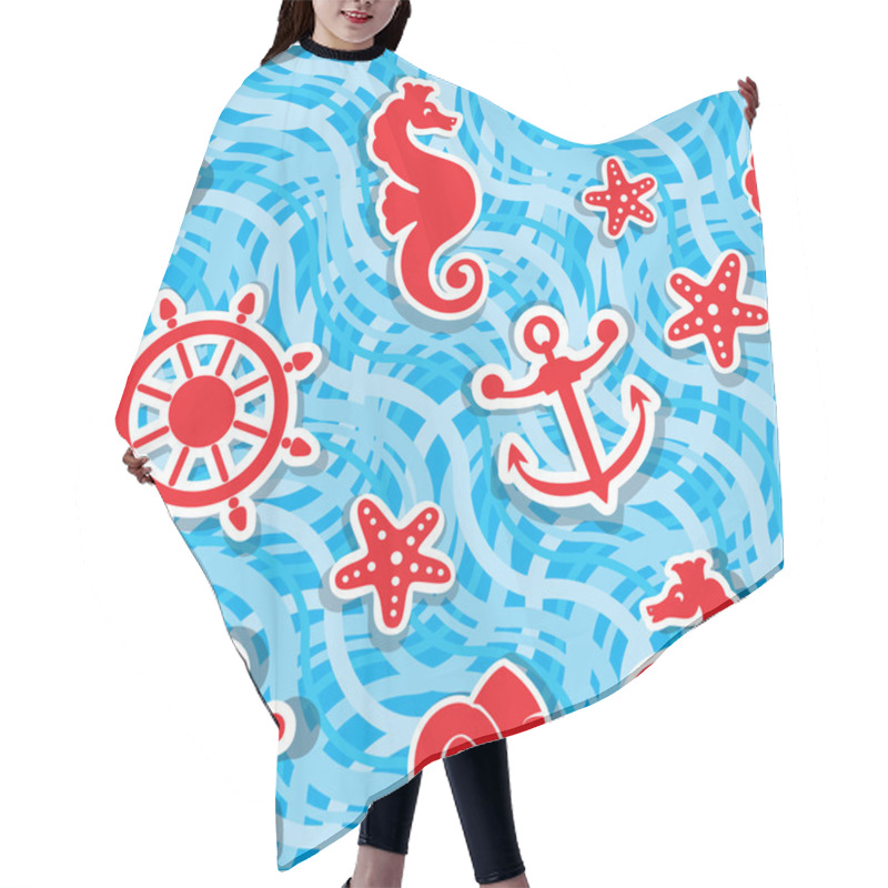 Personality  Seamless Nautical Pattern On Light Blue Background With Sea Hors Hair Cutting Cape