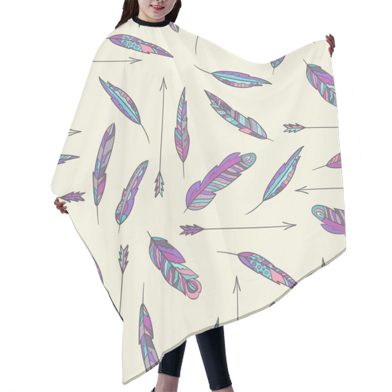 Personality  Seamless Vector Ethnic Pattern With Feathers And Arrows. Hair Cutting Cape