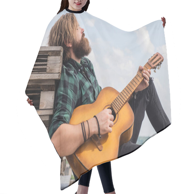 Personality  Mature Bearded Man Looking Casual Trendy Playing Guitar, Relax. Hair Cutting Cape