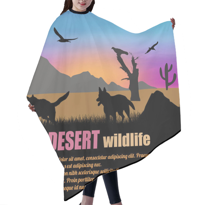 Personality  Desert Wildlife Poster. Wolves Silhouettes On Sunset With Space For Your Text, Vector Illustration Hair Cutting Cape