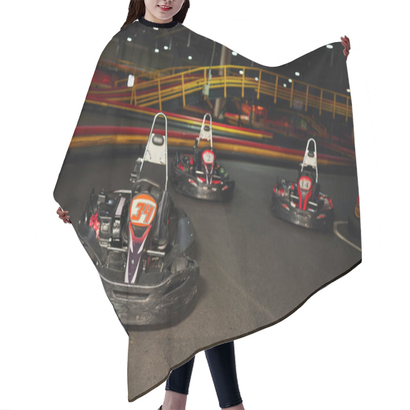 Personality  Modern Racing Cars Inside Of Indoor Kart Circuit, Motor Race Vehicles, Speed Racing Karting Hair Cutting Cape