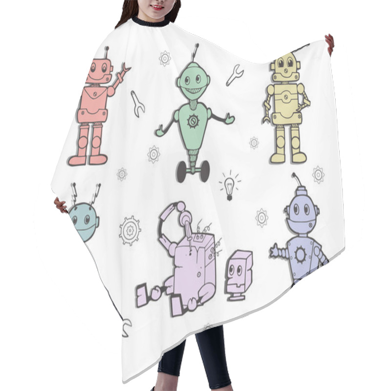 Personality  Vector Illustrations Of A Cute Robots Set. Kids Robotics Inventions Collection. Cute Pastel Colors, Hand Drawn Art Hair Cutting Cape