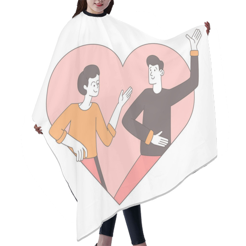 Personality  Couple In Love Outline Vector Illustration. Happy Man And Woman In Heart Shaped Frame, Girlfriend And Boyfriend Cartoon Characters. Romantic Relationship Concept, Valentine Day Postcard Design Element Hair Cutting Cape