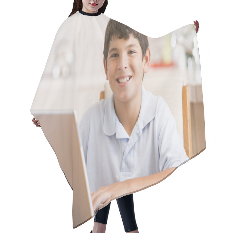 Personality  Young Boy In Kitchen With Laptop And Paperwork Smiling Hair Cutting Cape