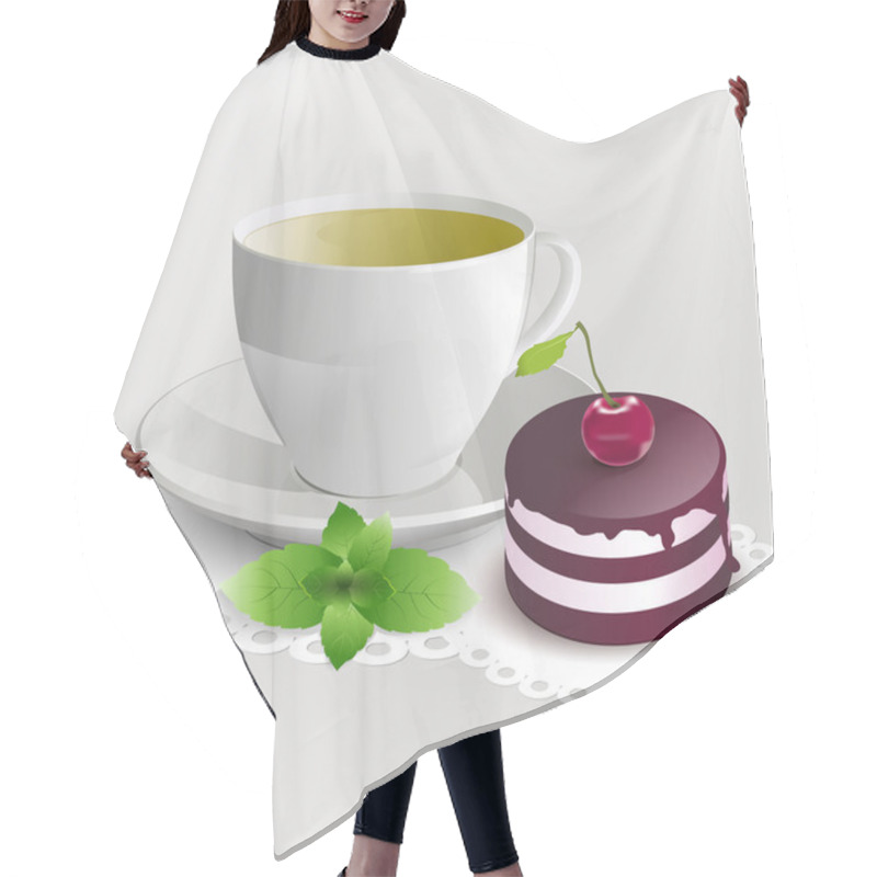 Personality  Cup Of Green Tea With Cherry Cake. Vector Illustration. Hair Cutting Cape